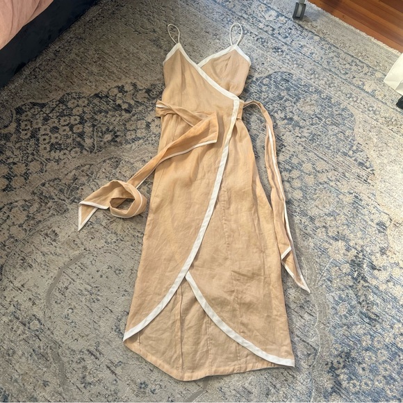 Anthropologie Azulu Vitoria Camel Linen Contrast Colorblock Wrap Dress Sz XS - Picture 6 of 12